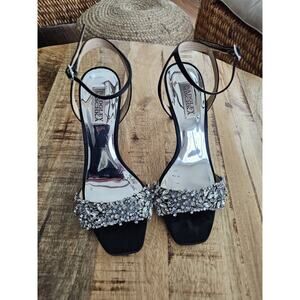Badgley Mischka Rider Stiletto Heels Women's Size 7 Strappy Black Satin Crystals